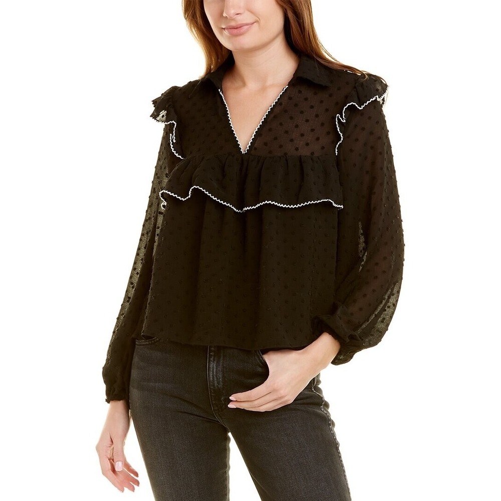 Free The Roses Women's Size Medium Black Embroidered Ruffle Sleeves Top Tunic‎